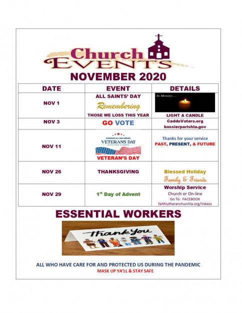 Calendar of Church Events: Shreveport LA Faith Lutheran Church